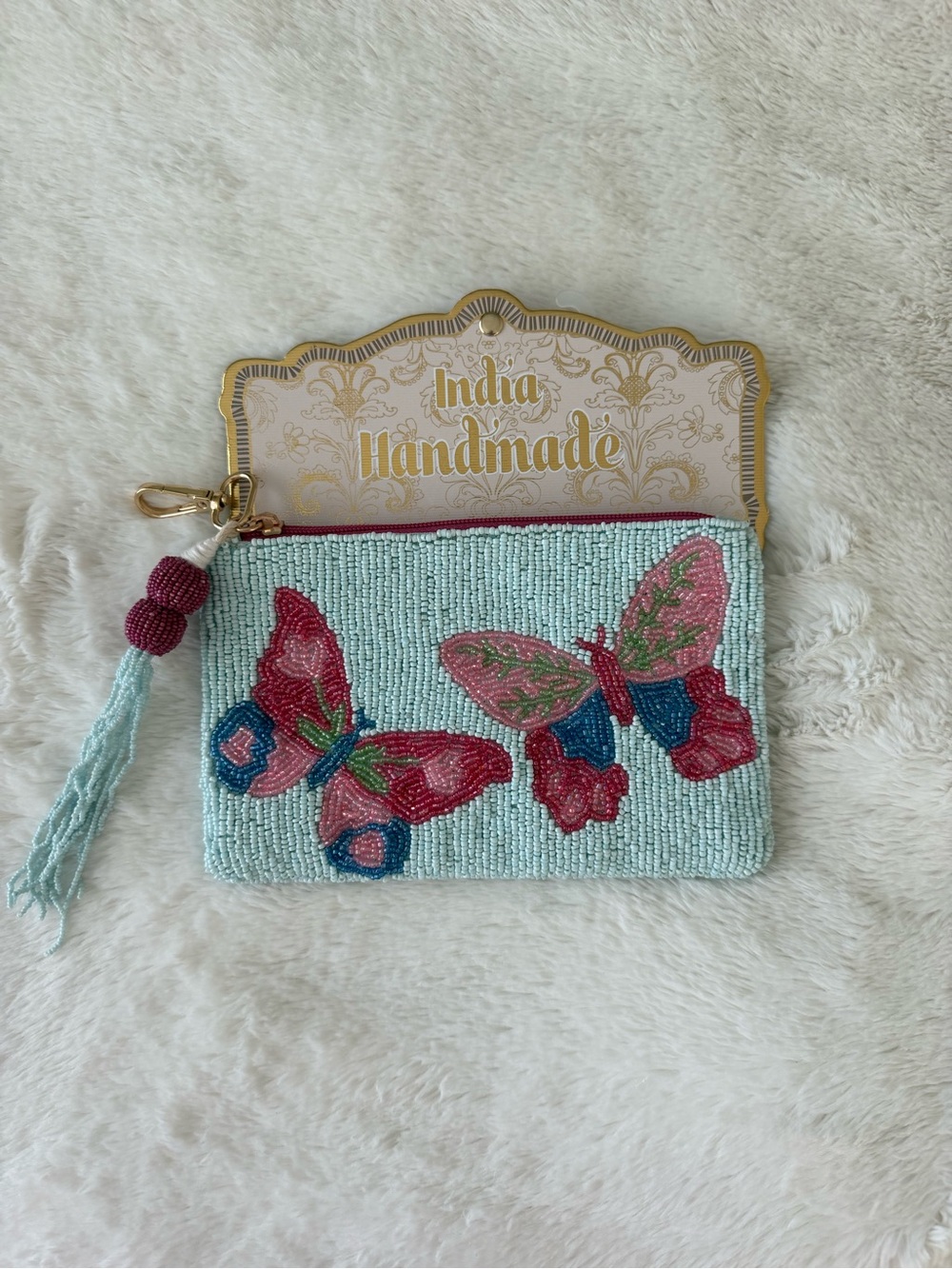 Handmade Beaded Butterfly Wristlet Pouch - Mint & Pink